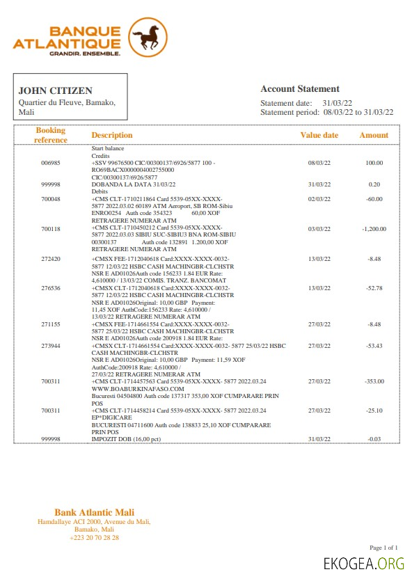 Modèle de relevé bancaire Mali Banque Atlantiaque au format Word et PDF, format .doc et .pdf